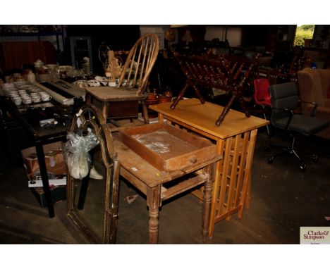 A pine table fitted single drawer together with a stick back chair