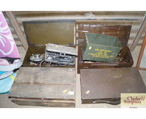 Four boxes containing various tools to include spanners; saucer lamp; soldering iron etc