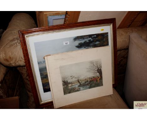A framed print after Roger E Inman, "the days bag", together with three unframed hunting prints, partridge shooting, pheasant