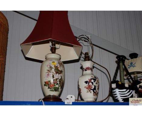 A Masons Mandalay table lamp lacking shade together with an Oriental style table lamp