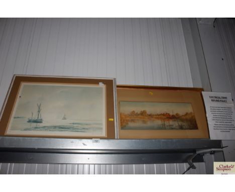 A gilt framed watercolour study signed J Miller depicting a river scene together with an after, Guy Todd limited edition prin