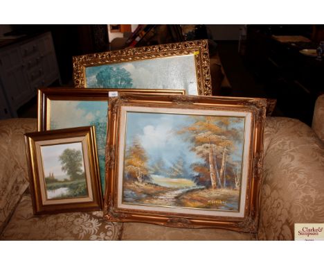 E Turner, oil on canvas depicting a river scene together with K Stephens, oil on canvas depicting a rural landscape and two p