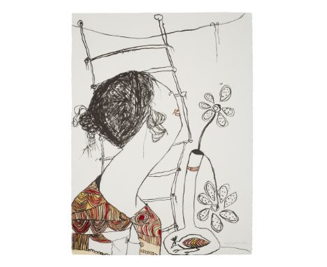 § PATRICIA DOUTHWAITE (SCOTTISH 1939-2002) WOMAN WITH BIRD VASE Lithograph with hand-colouring, 9/20, signed and numbered in 