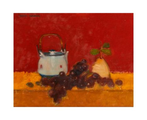 § NORMAN KIRKHAM R.G.I. (SCOTTISH 1936-2021) JAPANESE TEAPOT, PEARS &amp; GRAPES Signed upper left, oil on canvas(40cm x 51cm