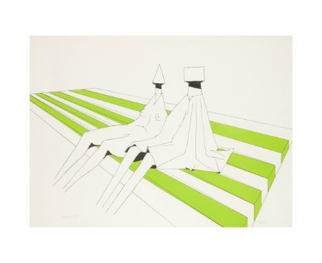 § LYNN CHADWICK C.B.E., R.A. (BRITISH 1914-2003) TWO SITTING FIGURES ON STRIPES - 1972 Lithograph, 17/100, signed, dated and 