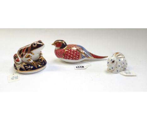 Two Royal Crown Derby porcelain paperweights, a pheasant and a frog, each gilt Imari decorated with a gold button to the base