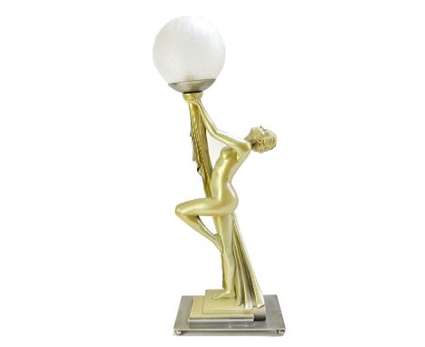 An Art Deco plaster figural table lamp, modelled and cast as a naked lady holding aloft a silvered bowl, with a frosted glass