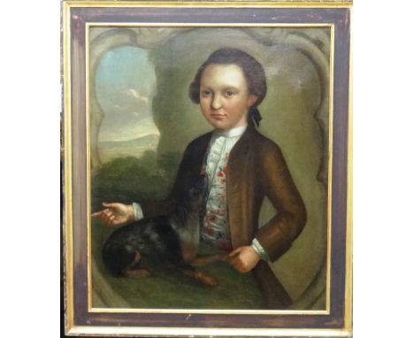 Continental School (18th century), Portrait of a young boy with a pet dog, oil on canvas, 72cm x 60cm.