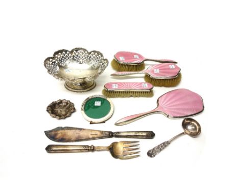 Silver and silver mounted wares, comprising; a shaped oval bowl, with pierced decoration, Chester 1912 and a trinket dish, fo