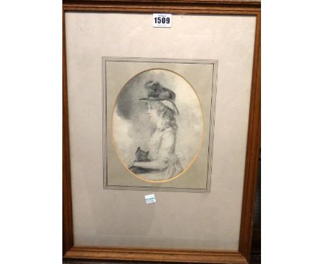Circle of John Downman, Profile portrait of a young girl holding a cat, pencil and charcoal, oval, 21.5cm x 16cm.