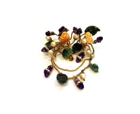 A carved jade, carved pink shell, cultured pearl and amethyst set brooch, designed as a floral and foliate spray, having pend