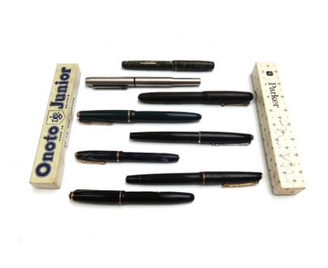 A collection of vintage fountain pens, comprising; a Parker Junior Duofold, a Conway Stewart 'Dinkie' 550, a Burnham no.44, a