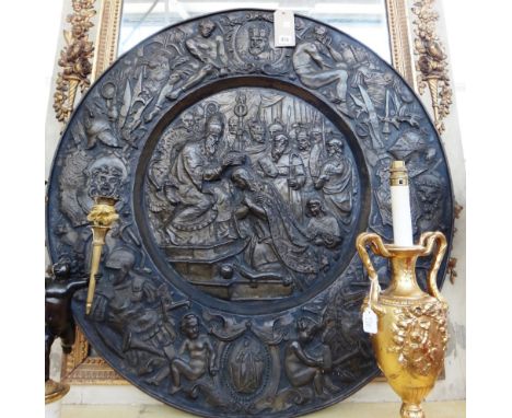 A pair of South European repousse brass pictorial roundels of Renaissance style, late 19th century, one depicting the coronat