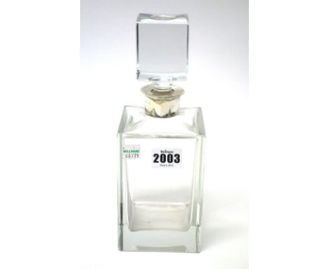 A silver mounted glass decanter, of plain rectangular form, fitted with a large rectangular glass stopper, London 1971.