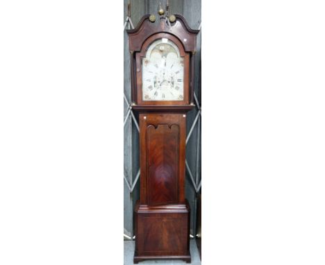 A late 19th century thirty day mahogany and inlaid longcase clock, the arch top hood enclosing a painted metal dial plate, wi