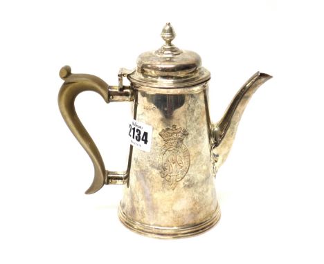 A Victorian silver coffee pot, of tapering cylindrical form with a composition handle, the lid with a turned finial, London 1