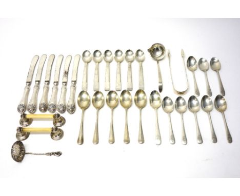 Silver table flatware, comprising; a set of six teaspoons, Birmingham 1953, eight Old English pattern coffee spoons, the tops