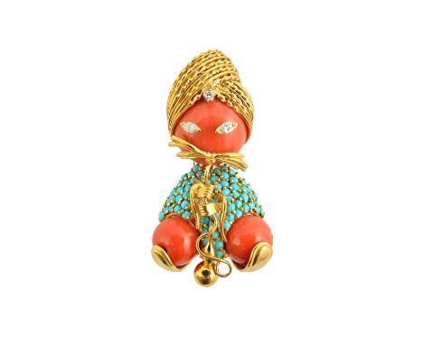 A gold, diamond and turquoise set and coral brooch, designed as a figure wearing a turban, the coral head with marquise diamo