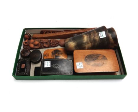 A group of treen collectables, including; a Mauchline Ware stamp box detailed 'The Cliffs, Felixstowe', 12cm wide, a Mauchlin