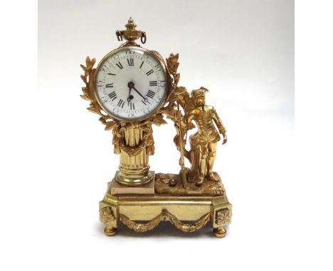 A Louis XVI style ormolu timepiece, late 19th/early 20th century, the drum case with enamel dial set atop a fluted column, ne