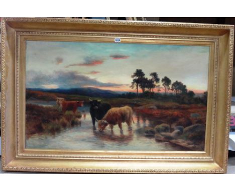 After Peter Graham, Highland cattle watering, oil on canvas, 60cm x 101.5cm.   