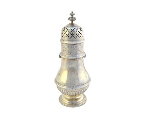 A silver sugar caster, of baluster form, with engraved and partly fluted decoration and with a twin section milled finial to 
