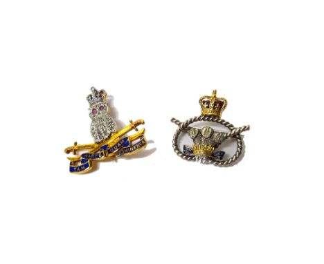 A 9ct gold, rose diamond and ruby set and enamelled military brooch, designed as the badge of The Defence Services Staff Coll