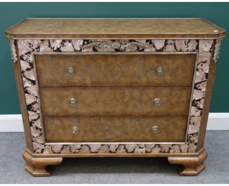 A pair of 18th century style mother of pearl inlaid oak chests, each with three long drawers, flanked by scale carved canted 