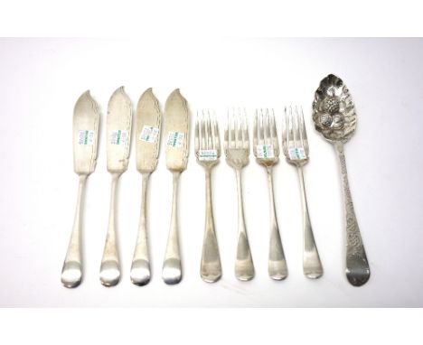 Silver table flatware, comprising; four fish knives, Chester 1924, three fish forks, Chester 1924, one fish fork, Sheffield 1