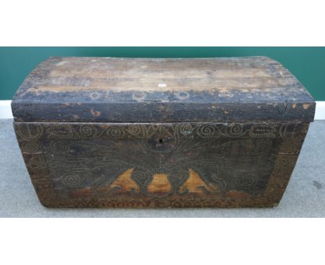 A brass studded leather veneered oak framed dome top trunk, with wrought iron carry handles, probably 16th century, 120cm wid