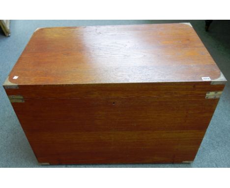 A 19th century metal bound rectangular camphor wood trunk with side carry handles, 91cm wide.  