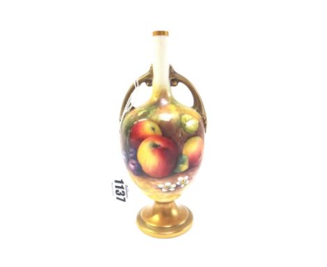 A Royal Worcester two handled porcelain vase, circa 1930, painted with fruit and indistinctly signed, 17cm high.