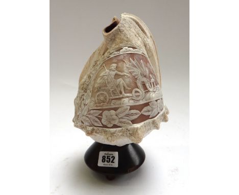 An Italian carved conch shell, late 19th century, depicting a bearded figure riding a chariot throne led by winged serpents, 