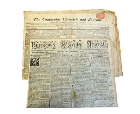 NEWSPAPERS - Berrow's Worcester Journal, 3 issues (Jan. 8 1756; Apr. 15 1762 & Dec. 8 1791,);  Cambridge Chronicle and Journa