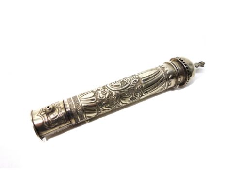 A Victorian silver container, of cylindrical form, possibly a Torah scroll holder, the top pierced and with a figure finial, 