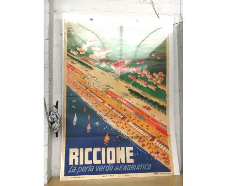 A vintage tourism poster, Filippo Romoli (1901-1969), Riccione, lithograph in colours, 1949, printed by Sanga, Geneva (folded