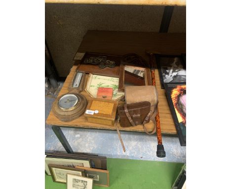 A MIXED LOT TO INCLUDE BAROMETER, WOODEN CAR PICTURE, MIRROR ETC 
