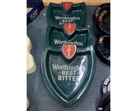 THREE WORTHINGTON BITTER, SHIELD SHAPE CERAMIC ASHTRAYS 