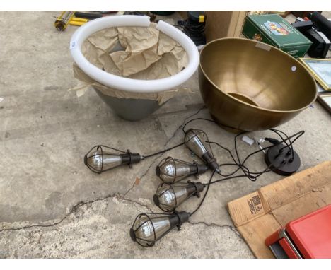 A STRING LIGHT FITTING AND TWO DECORATIVE LIGHT SHADES 