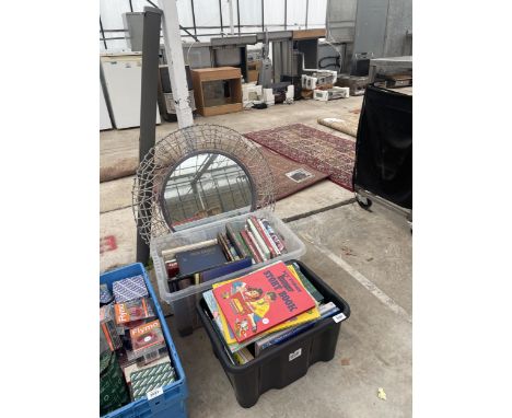 A LARGE ASSORTMENT OF BOOKS, A MIRROR AND A PROJECTOR SCREEN 