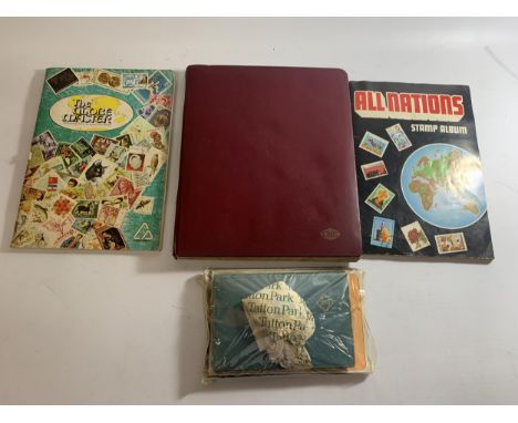 A QUANTITY OF OLD STAMP ALBUMS AS EARLY AS 1948 TO INCLUDE AN OLD NATIONS STAMP ALBUM, THE GLOBE MASTER, ETC., 