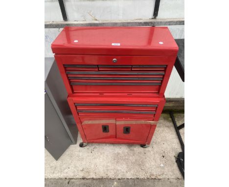 A FOUR WHEELED METAL WORKSHOP TOOL CHEST WITH MULTIPLE DRAWERS AND LOWER CUPBOARD 