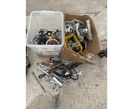 AN ASSORTMENT OF TOOLS TO INCLUDE SPANNERS AND DRILL BITS ETC 