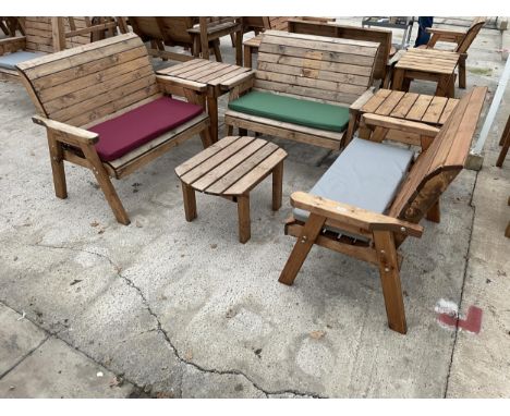 AN AS NEW EX DISPLAY CHARLES TAYLOR PATIO SET COMPRISING OF THREE TWO SEATER BENCHES, TWO SIDE TABLES AND A COFFEE TABLE *PLE