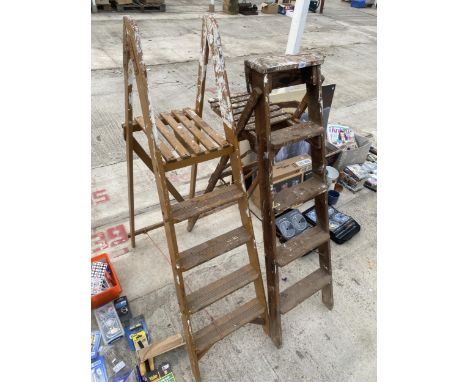 TWO VINTAGE FOUR RUNG WOODEN STEP LADDERS 