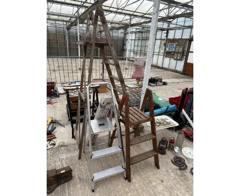 THREE VARIOUS STEP LADDERS AND A SHOOTING STICK 