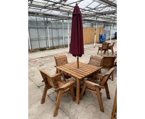 AN AS NEW EX DISPLAY CHARLES TAYLOR PATIO SET COMPRISING OF A SQUARE TABLE, FOUR CHAIRS AND PARASOL AND BASE *PLEASE NOTE VAT