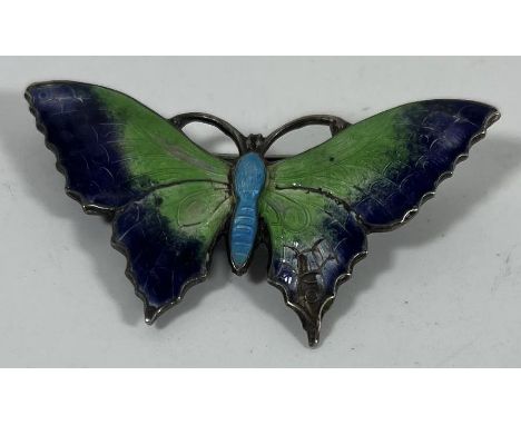 AN ART DECO STERLING SILVER GUILLOCHE ENAMEL BUTTERFLY BROOCH, MAKER HENRY JAMES HULBERT 