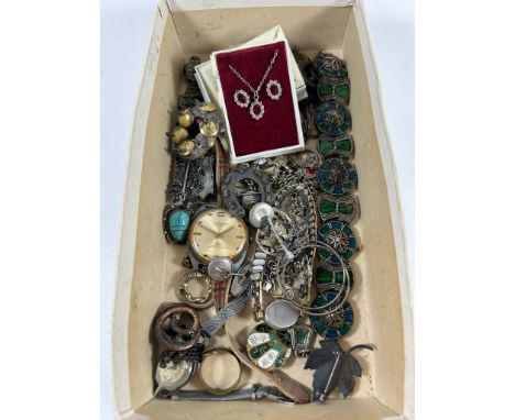 A BOX OF VINTAGE COSTUME JEWELLERY TO INCLUDE VINTAGE HUDSON WATCH, STERLING SILVER AND RUBY STYLE NECKLACE AND EARRING SET, 