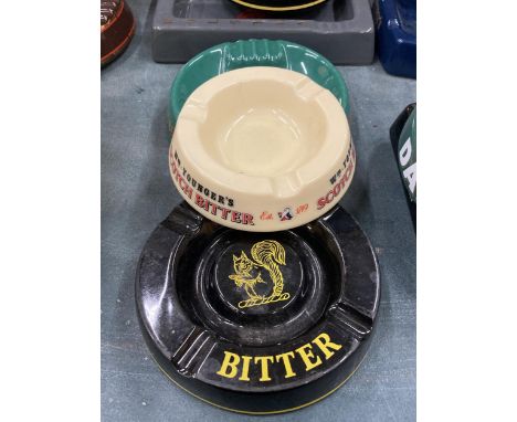 THREE CERAMIC ASHTRAYS TO INCLUDE YOUNGERS, BURTONWOOD AND ANSELLS 